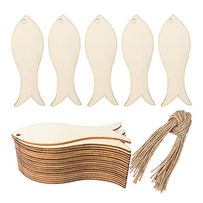 Unfinished Fish Shape Wood Tag Hanging Wood Cutout Blank Wood Slices Wooden Gift Tags with Twine for Beach & Nautical Decor Christmas Holiday Wedding
