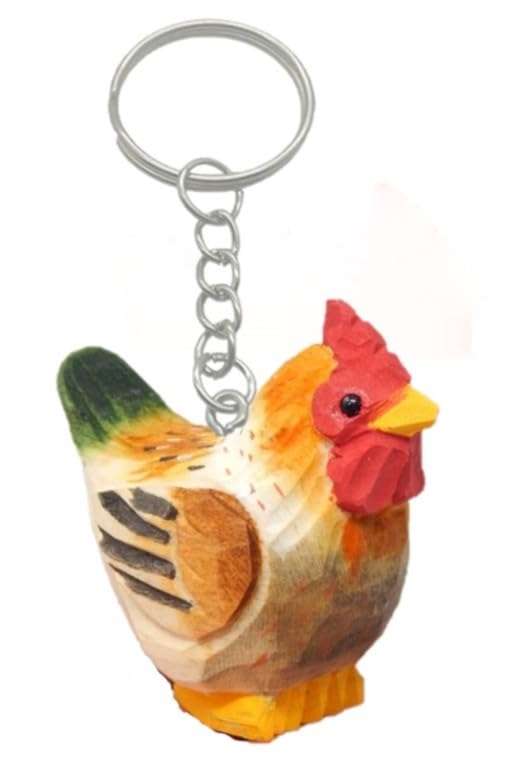 Selsela Brown Hen Chicken Keychain Ring Clip Charm Farm Bird Miniature Wood Mini Figurine Small Animal Selsela