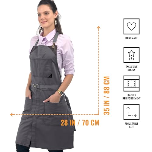 Under NY Sky No-Tie Armor Gray Apron – Durable Twill with Leather Reinforcement, Split-Leg – Adjustable for Men and Women – Pro Barber, Tattoo, Under NY Sky