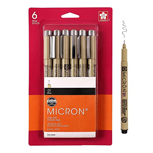 SAKURA Pigma Micron Fineliner Pens - Archival Black Ink Pens - Pens for Writing, Drawing, or Journaling - Black Ink - 01 Point Size - 6 Pack - WoodArtSupply