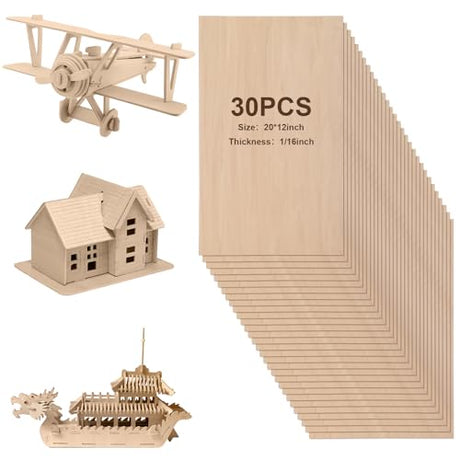 Sasylvia 30 Sheets Balsa Wood Sheets 12 x 20 x 1/16 Inch Basswood Sheets for Crafts Plywood Sheets Unfinished Wooden Boards Rectangular Wood Planks Sasylvia