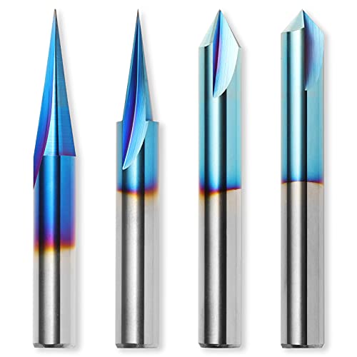 Genmitsu CNC Wood Carving Router Bits Set, 1/4'' Shank, 4 PCS, 15° Detail Carving Liner+ 20° Profile bit+ 60° & 90° V Groove, WC04A Genmitsu