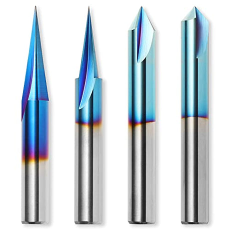 Genmitsu CNC Wood Carving Router Bits Set, 1/4'' Shank, 4 PCS, 15° Detail Carving Liner+ 20° Profile bit+ 60° & 90° V Groove, WC04A Genmitsu