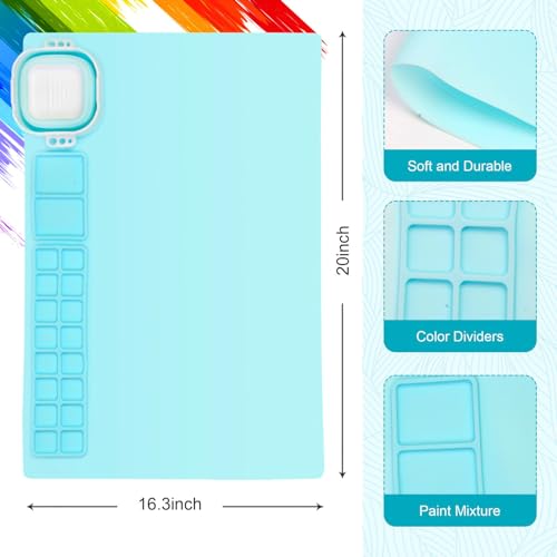 Mazzae Silicone Painting Mat - 20"X16" Silicone Art Mat with 1 Water Cup for Kids - Silcone Craft Mat has12 Color Dividers - 2 Paint Dividers (Blue) - WoodArtSupply