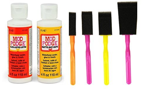 Mod Podge Decoupage Starter Kit Bundle with 6 Items -- Gloss and Matte Medium with 4 Foam Brushes