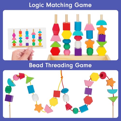 TooyBing Montessori Wooden Lacing Beads Toys for 2 3 4 Year Old Toddler Kids, Sequencing & Stacking Block Toy with Storage Box, STEM Preschool TooyBing