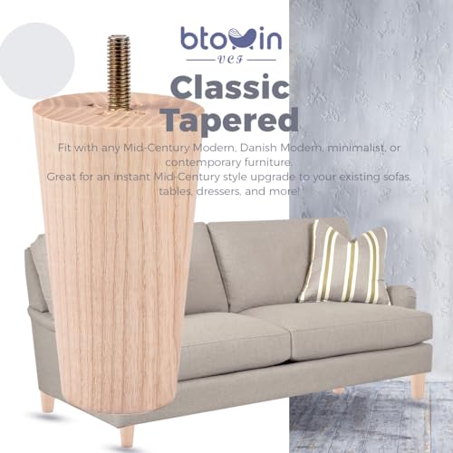 Btowin VCF 6 inch / 15cm Ash Wood Furniture Legs, 4Pcs Mid-Century Modern Unfinished Wooden Tapered Replacement Feet with 5/16'' Hanger Bolts & Btowin VCF