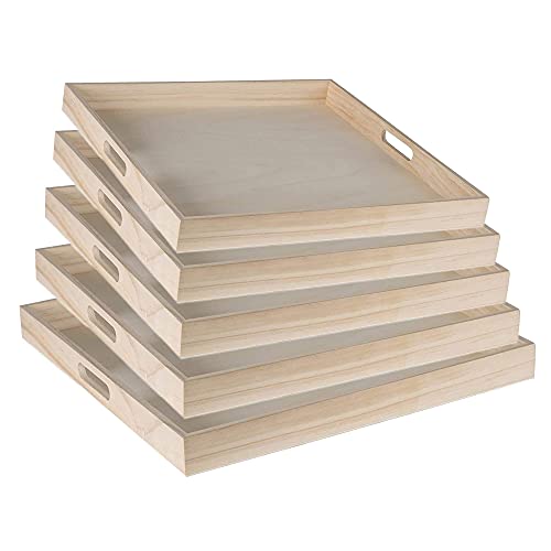 Wooden Square Trays for Serving - Five Piece Nested Breakfast Tray - Wood Crafts Trays for Organizing | Bathroom Tray - Food Trays for Party Buffet Hammont