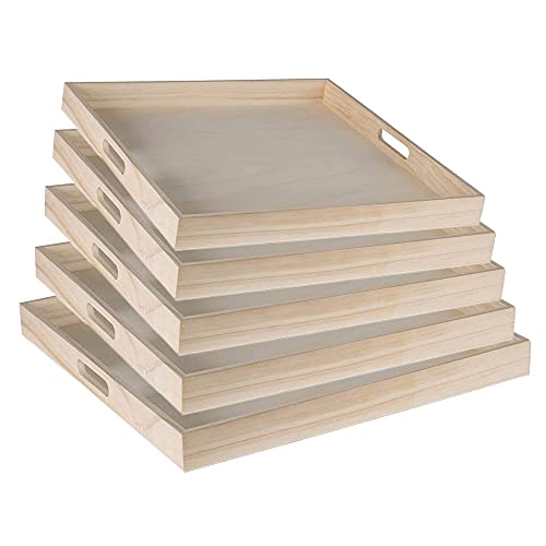 Wooden Square Trays for Serving - Five Piece Nested Breakfast Tray - Wood Crafts Trays for Organizing | Bathroom Tray - Food Trays for Party Buffet - WoodArtSupply