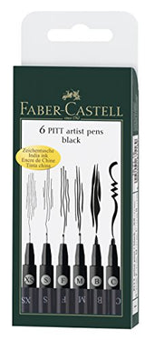 Faber-Castell F167116 Pitt Artist Pen Wallet of 6 with Assorted Tips - Black Faber
