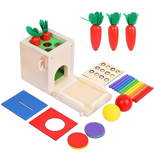 Wooden Montessori Toys Toddlers Play Kit, 4-in-1 Object Permanence Box, Coin Box, Carrot Harvest, Color Match Sticks Drop Game, Educational Learning Xylolin