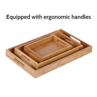 2WOOD Natural Wood Serving Tray with Handles - Stackable, Compact Wooden Nested Serving Trays for Easy Transport - Ergonomic Grip Wood Trays