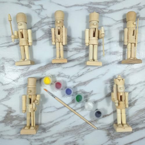 6pcs DIY Wooden Christmas Nutcrackers, DIY Blank Unpainted Unpainted Puppet Walnut Soldier With Paint & Brush For Christmas Decoration YmilemY