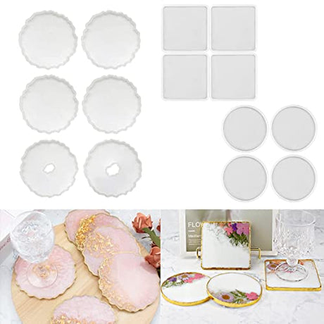 RESINWORLD 8 Pack Thick 4 inches Resin Coaster Molds Set + 6 Pack Geode Coaster Molds for Resin ResinWorld