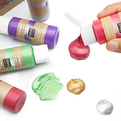 Artecho Metallic Acrylic Paint, 12 Colors Bottles (59ml / 2oz) Art Craft Paints for Canvas, Rock, Stone, Wood, Fabric, Art Supplies for Artists, Artecho