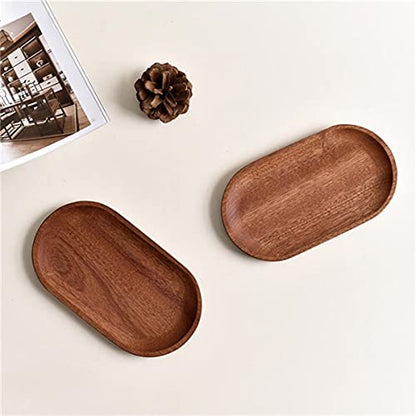 Mini Serving Tray for Jewellery Key Coin Set of 2, Oval Natural Wood Dessert Cup Tray, Small Wooden Cheese Plate, Tableware Decorative Tray (2)
