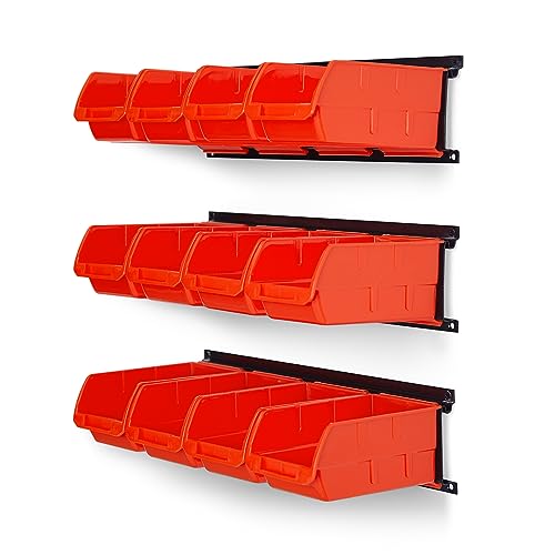 Ultrawall 12 PCS Bins & 3 Rails, Plastic Hanging Storage Organizer Bins, Wall mounted Garage Tool Storage Systerm, 12x bins(6.3inch X 3.2inch X Ultrawall