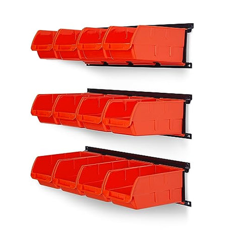 Ultrawall 12 PCS Bins & 3 Rails, Plastic Hanging Storage Organizer Bins, Wall mounted Garage Tool Storage Systerm, 12x bins(6.3inch X 3.2inch X Ultrawall