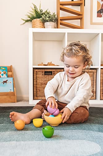 Montessori Large Rainbow Colored Sorting Ball in Cup | Preschool Color Matching Toy | Gross Motor Transfer Activity | 6 Toddler Safe Wooden Balls