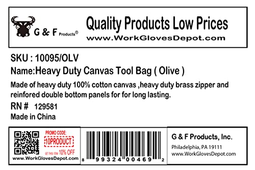 G & F Products Government Issued Style Mechanics Heavy Duty Tool Bag with Brass zipper and side pockets, tool bag for cars, drill, garden, and G & F Products