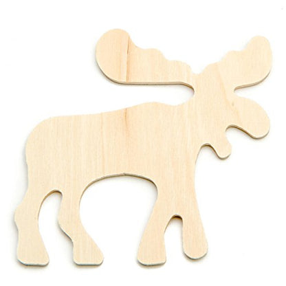 Package of 12 Flat Back Unfinished Wood Moose Cutouts for Kids Crafting, Holiday Embellishing and Creating