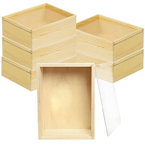 YCOSAN 6 Pack Unfinished Wood Boxes - 6.3 x 4.9 x 1.8 Inch Wood Boxes, Wooden Boxes for Crafts, Small Craft Wooden Box with Sliding Transparency Lid