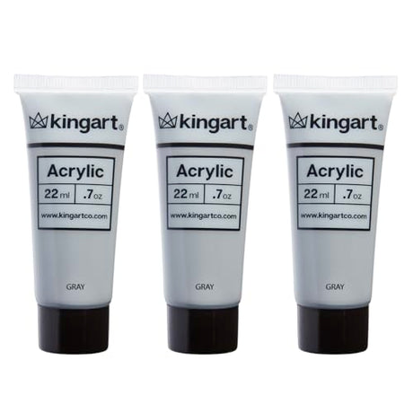 KINGART 500-144 PRO Artist Quality Gray Acrylic Paint, 22ml (0.74oz) Tubes, 3 Pack - Set (66ml Total), Gray KINGART