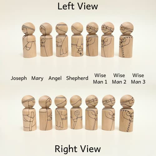 Christmas Peg Doll and Animal Nativity Set - Mary, Joseph, Angel, Shepherd, 3 Wise Men - Camel, Cow, Donkey, Sheep - DIY Color Your Own Wood Craft - Pegsies