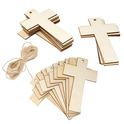 yueton 24pcs Cross Wooden Hanging Ornaments, Unfinished Blank Wood Pieces Wood Slices Wood Chips Embellishments, Wooden Gift Tags