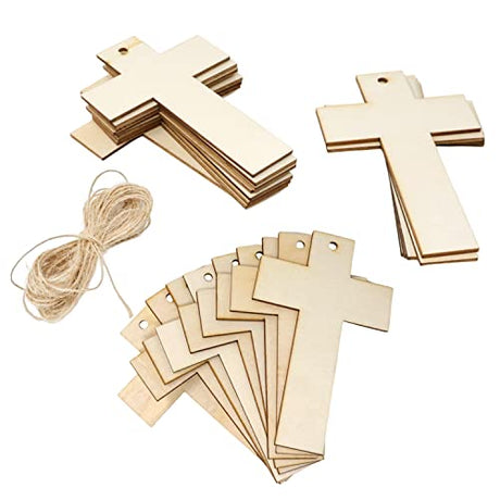 yueton 24pcs Cross Wooden Hanging Ornaments, Unfinished Blank Wood Pieces Wood Slices Wood Chips Embellishments, Wooden Gift Tags yueton
