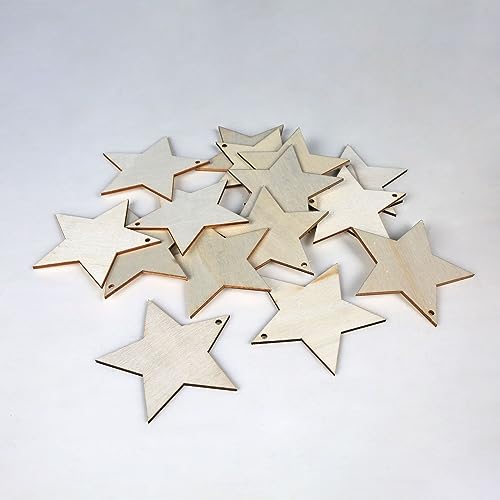 Meetppy 50 Pieces 3.13 Inch Stars Shape Unfinished Wood Cutouts Crafts Blank Natural Wood Hanging Ornaments with Twines for DIY Crafts Home - WoodArtSupply