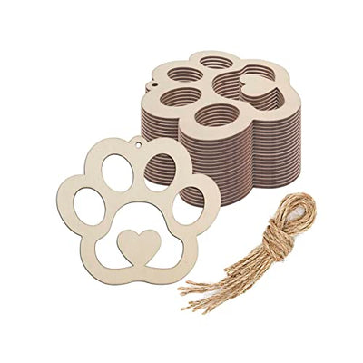 20pcs Dog Paw Heart Wood DIY Crafts Cutouts Wooden Cat Claw Heart Shaped Hanging Ornaments with Jute Twines Gift Tags for DIY Projects Dog Pets