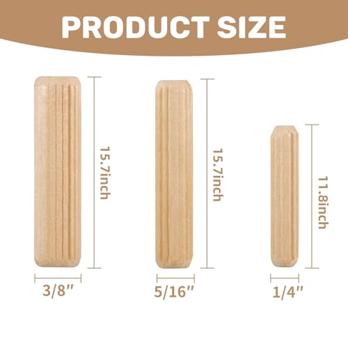 Sukh 300Pcs Wooden Dowel Pins - Wooden Dowels Fluted Wood Dowel Pins with 1/4，5/16 and 3/8-inch for Joining in Furniture, Cabinets and Other Sukh