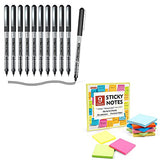 Shuttle Art School & Work Supplies Bundle, 10 Black Liquid Ink Rollerball Pens + 9 Bright Colors Sticky Notes for Writing Journaling Taking Notes Shuttle Art