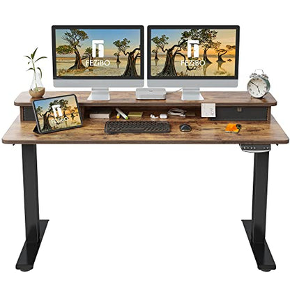 FEZIBO 55 x 24 Inch Height Adjustable Electric Standing Desk with Double Drawer, Stand Up Desk with Storage Shelf, Sit Stand Desk, Rustic Brown