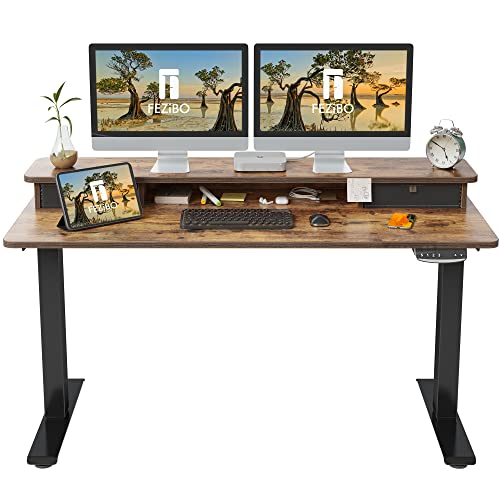 FEZIBO 55 x 24 Inch Height Adjustable Electric Standing Desk with Double Drawer, Stand Up Desk with Storage Shelf, Sit Stand Desk, Rustic Brown - WoodArtSupply