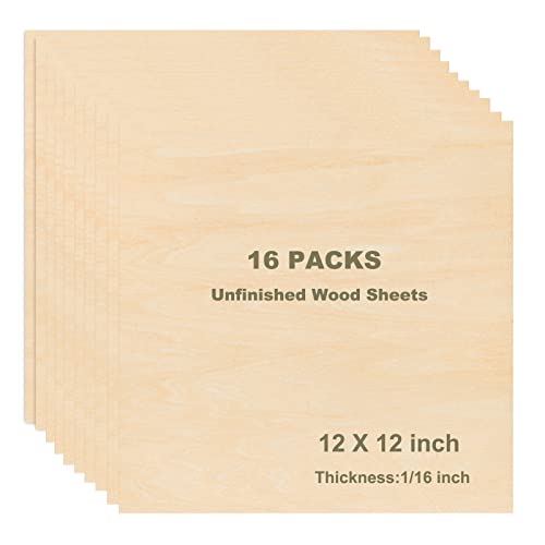 16 Packs 12 x 12 inch Unfinished Plywood Sheets, 1/16 inch Thin Wood Sheets Craft Wood Board Plywood for Crafts, Perfect for DIY Projects, Painting,