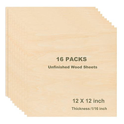 16 Packs 12 x 12 inch Unfinished Plywood Sheets, 1/16 inch Thin Wood Sheets Craft Wood Board Plywood for Crafts, Perfect for DIY Projects, Painting,