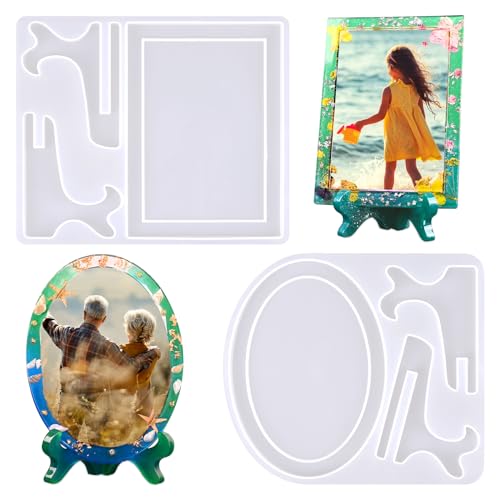 Resin Mold for Photo Frame, Picture Frame Silicone Molds with Stand Holder, Rectangle & Oval Frame Molds for Resin Casting, DIY Personalized Photo