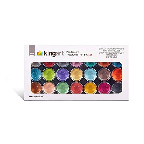 KINGART Watercolor Pan Set, Pearlescent Colors, 21 Unique Shades & Paint Brush - WoodArtSupply