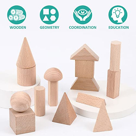 Syhood 15 Pcs 3D Shapes Geometric Solids Wooden Shapes Large Size Burlywood Color Geometric Shapes Blocks Set Montessori Learning Toy Pattern Blocks Syhood