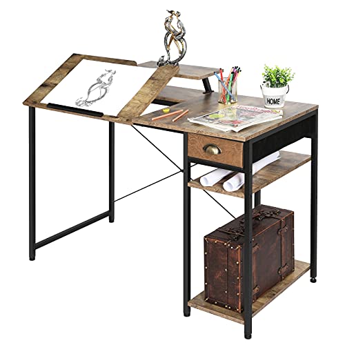 X-cosrack Computer Desk with Storage Shelves Drawer, 43” Home Office Desk with Monitor Stand, Adjustable & Tiltable Draft Drawing Table Writing Study X-cosrack
