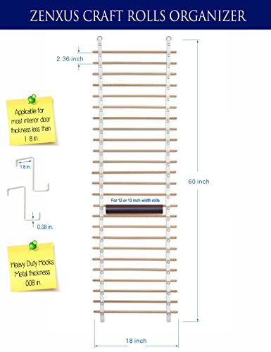 Vinyl Roll Holder, 25 Rolls, ZENXUS Craft Roll Storage and Organizer, Cotton Straps and Wood Dowels, with Door Hanging Hooks ZENXUS