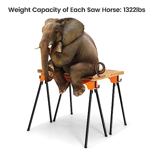 ERGOMASTER Saw Horses 2 Pack Folding, Lightweight Saw Horse with 2x4 Detachable Support Arm, 1322 Lbs Weight Capacity of Per Sawhorse, Portable - WoodArtSupply