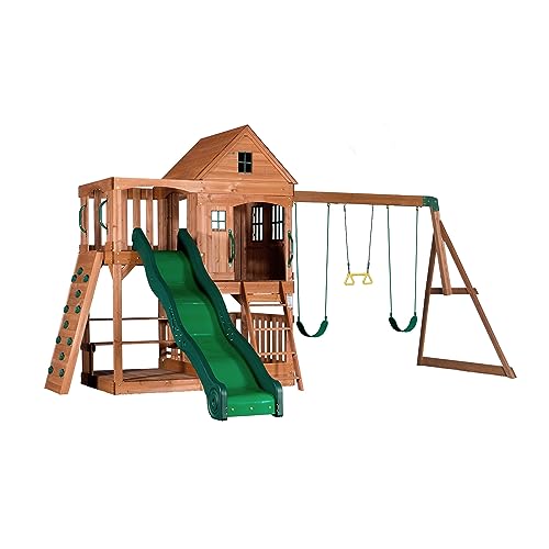 Backyard Discovery Hillcrest All Cedar Wooden Swing Set, Upper Covered Fort, Lower Playhouse, Picnic Area, Sandbox, Step Ladder, 10 ft Wave Slide, Backyard Discovery
