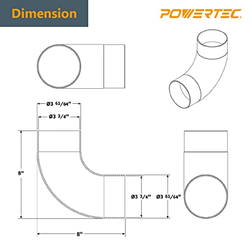POWERTEC 70105 4" Elbow Dust Hose Connector, Black, 4", 90 Degree Elbow POWERTEC
