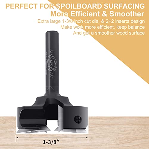 BINSTAK CNC Spoilboard Surfacing Router Bit 1/4" Shank, Slab Flattening Router Bit with 1-3/8" Cutting Diameter, 2+2 Flutes Insert Carbide Wood - WoodArtSupply