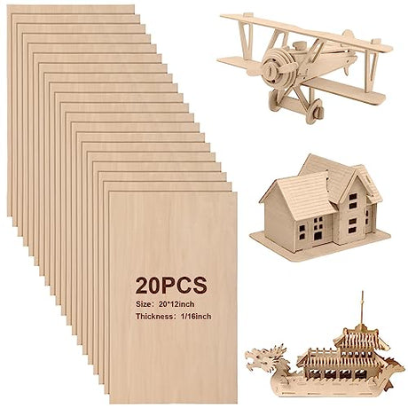 Sasylvia 20 Sheets Balsa Wood Sheets Basswood Sheets for Crafts Plywood Sheets Unfinished Wooden Boards Rectangular Wood Planks for DIY Models Sasylvia