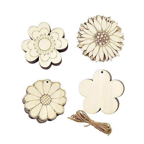 32 Pack Wood Flower Cutouts Unfinished Wooden Flower Hanging Ornaments DIY Flower Craft Gift Tags for Thanksgiving Christmas Home Party Decoration