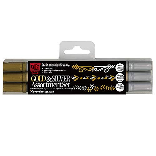 Kuretake Zig Gold and Silver pens Assortment Set, Professional Quality for Artist, Christmas Card, Brush Lettering, Illustration, Card Making, Kuretake